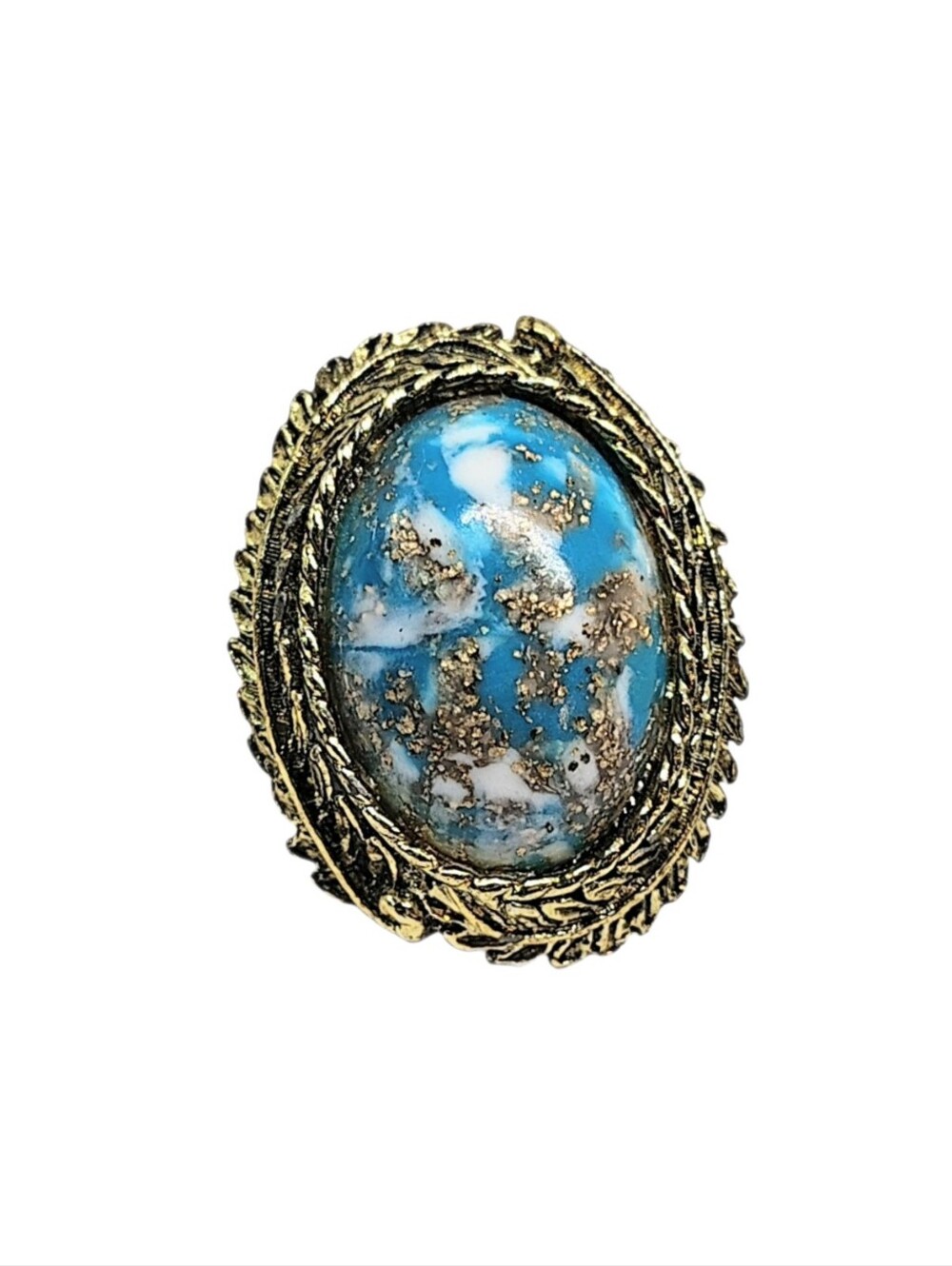 🆕 Vintage 60s Turquoise Gold Fleck Cabochon Antique Gold Costume Cocktail Ring